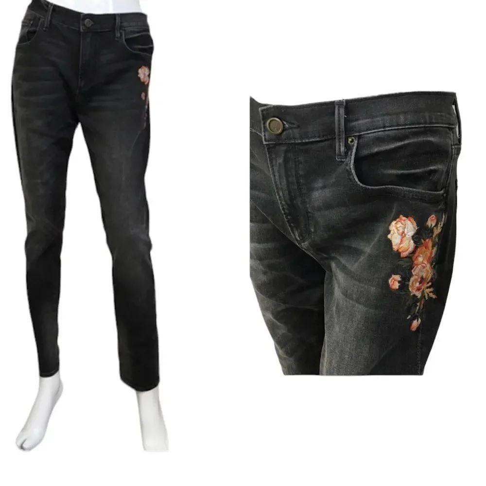 Driftwood Marilyn Black Denim Floral Embroidered Mid-Rise Skinny Jeans 31